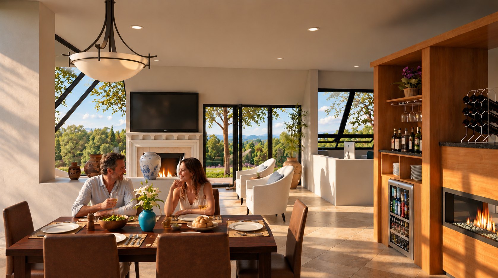 Apex House dining table beside the wet bar