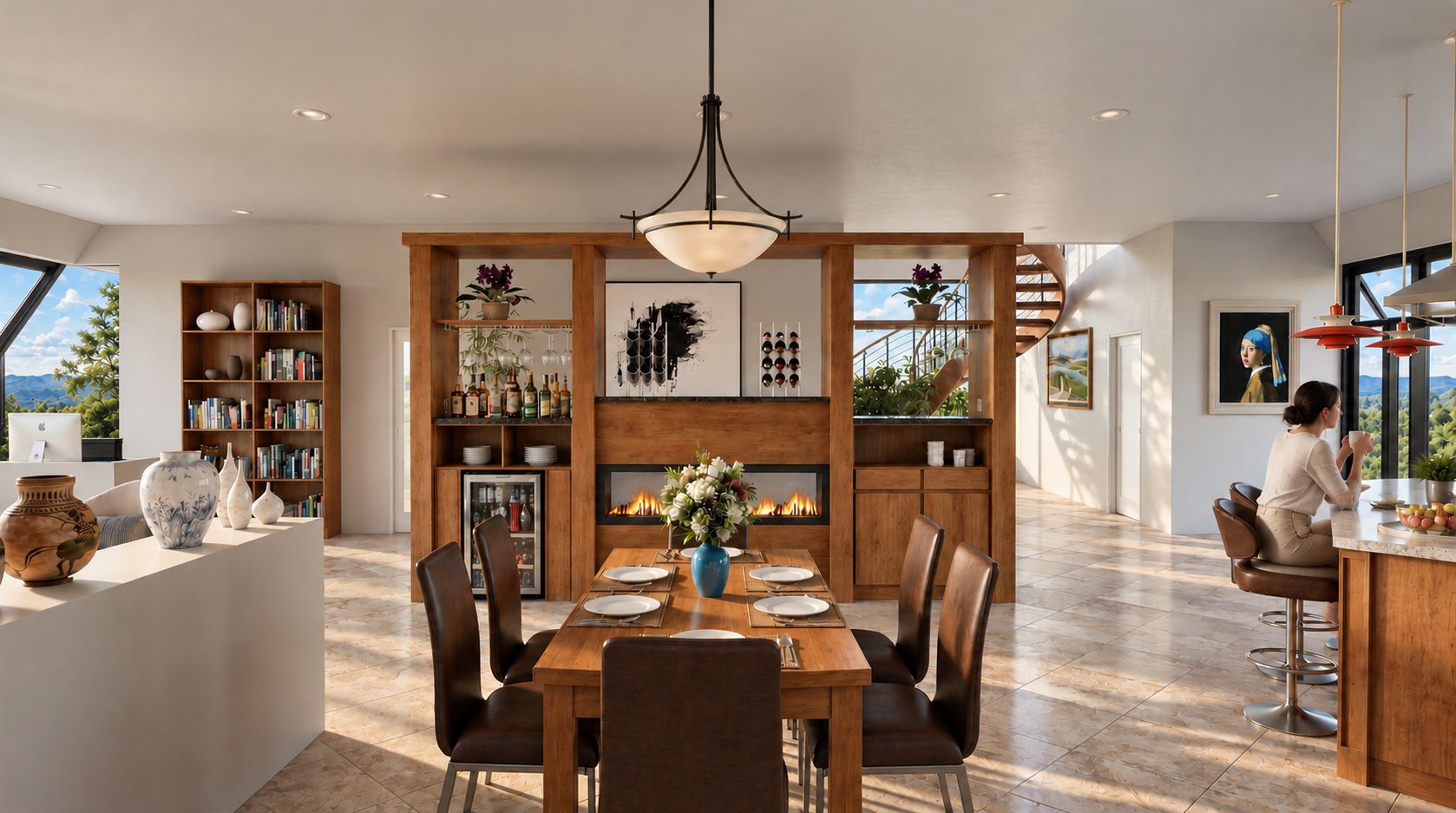 Apex House dining table and bar wall