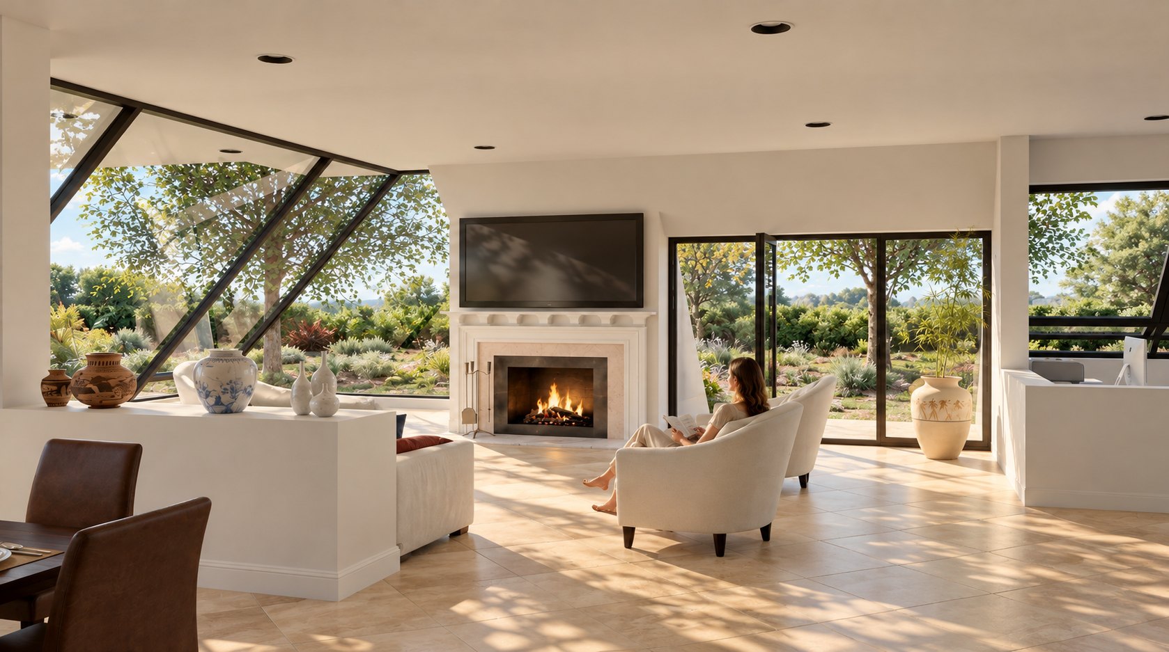 Apex House living room fireplace and angled glazing