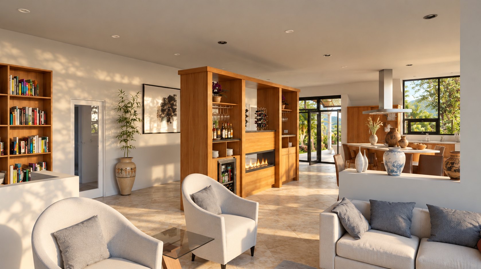 Apex House living room toward the wet bar and kitchen