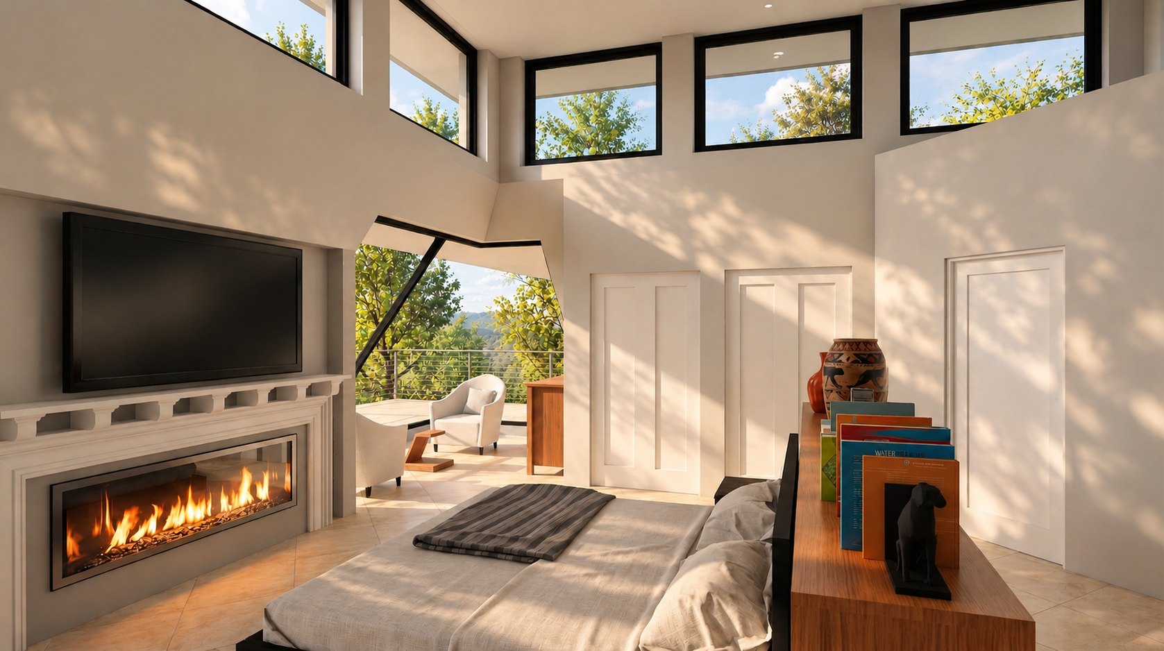 Apex House primary suite fireplace