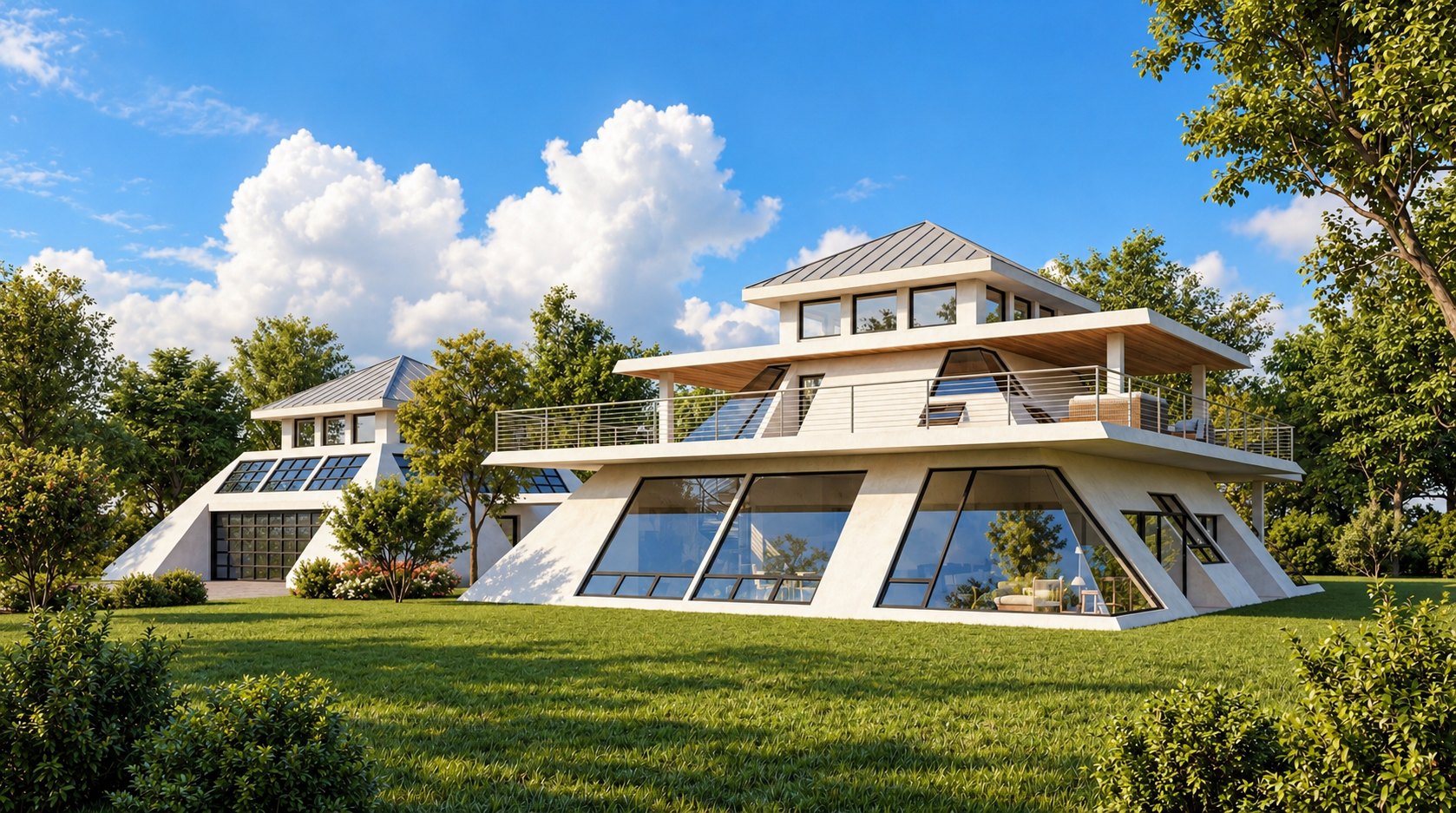 Apex House — sloped white walls with angled glazing, pyramid garage beyond