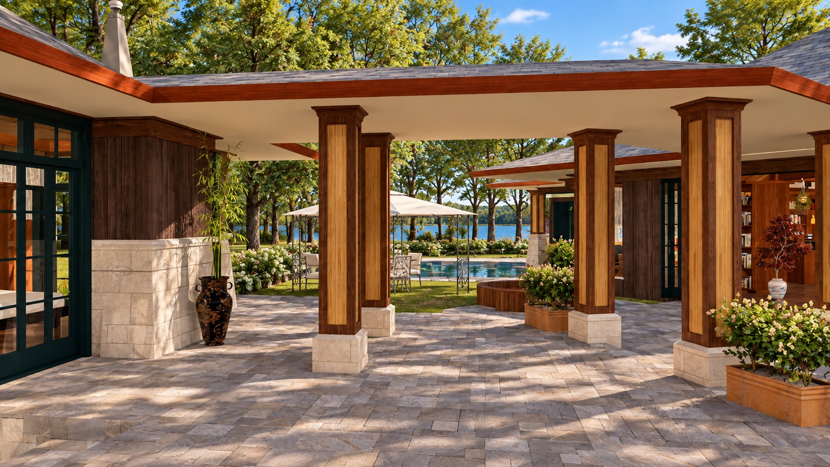Covered breezeway toward koi pond and lake