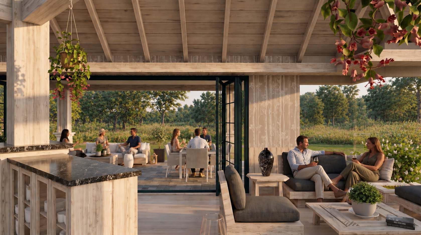 Great room opening onto the covered patio