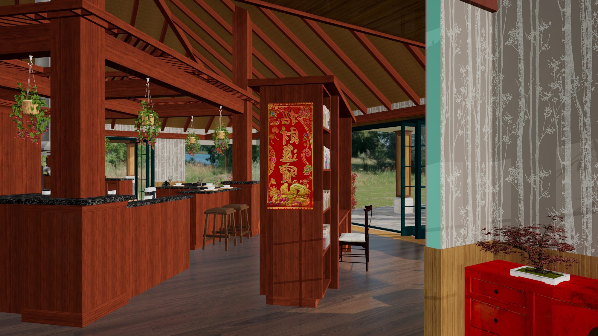 Covered porch overlooking koi pond