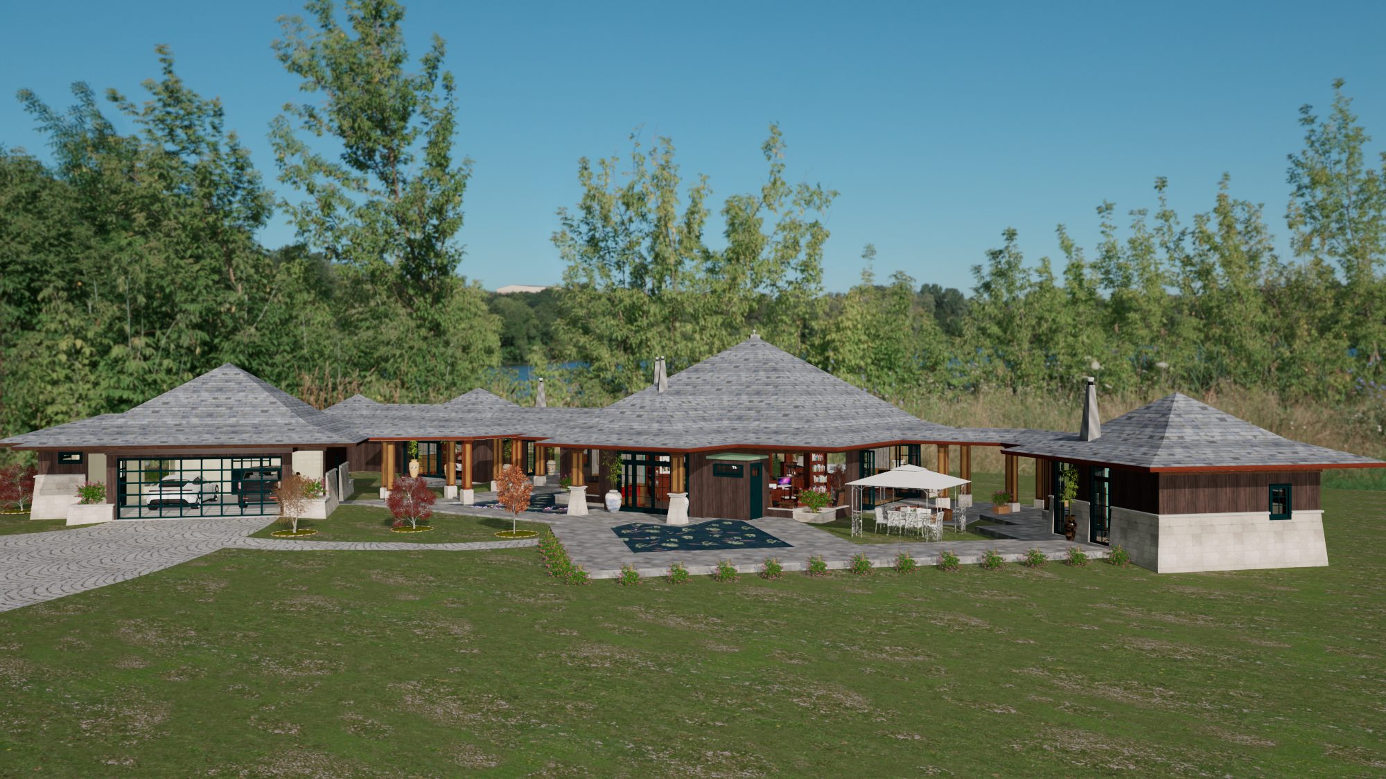 Asian Pavilion — front exterior view across the koi pond