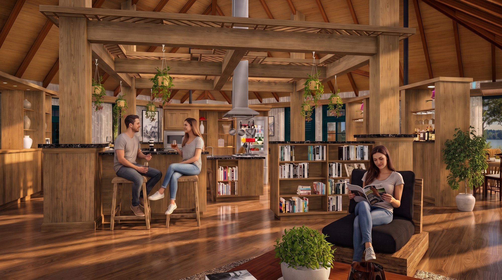 Great room and kitchen beneath the timber frame