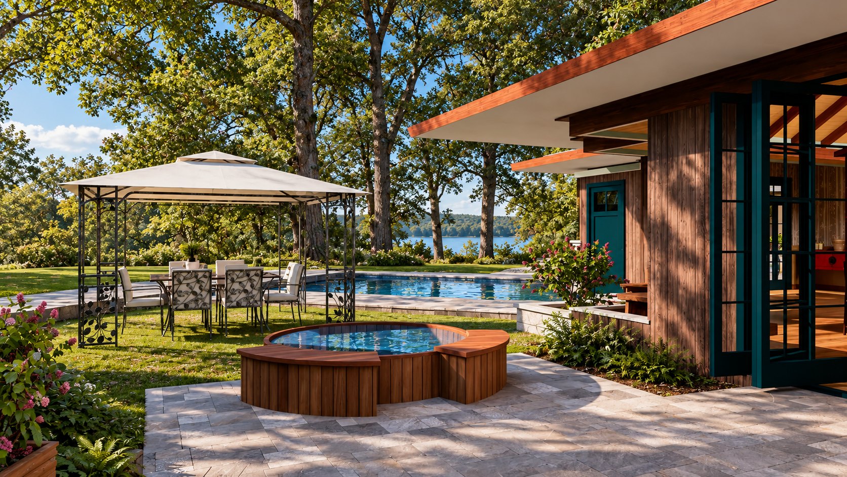 Cedar hot tub and dining gazebo