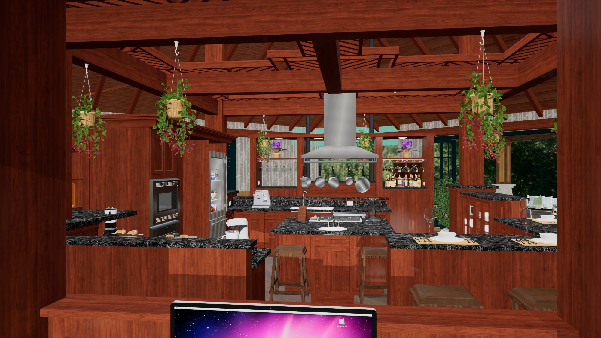 Kitchen island beneath exposed trusses