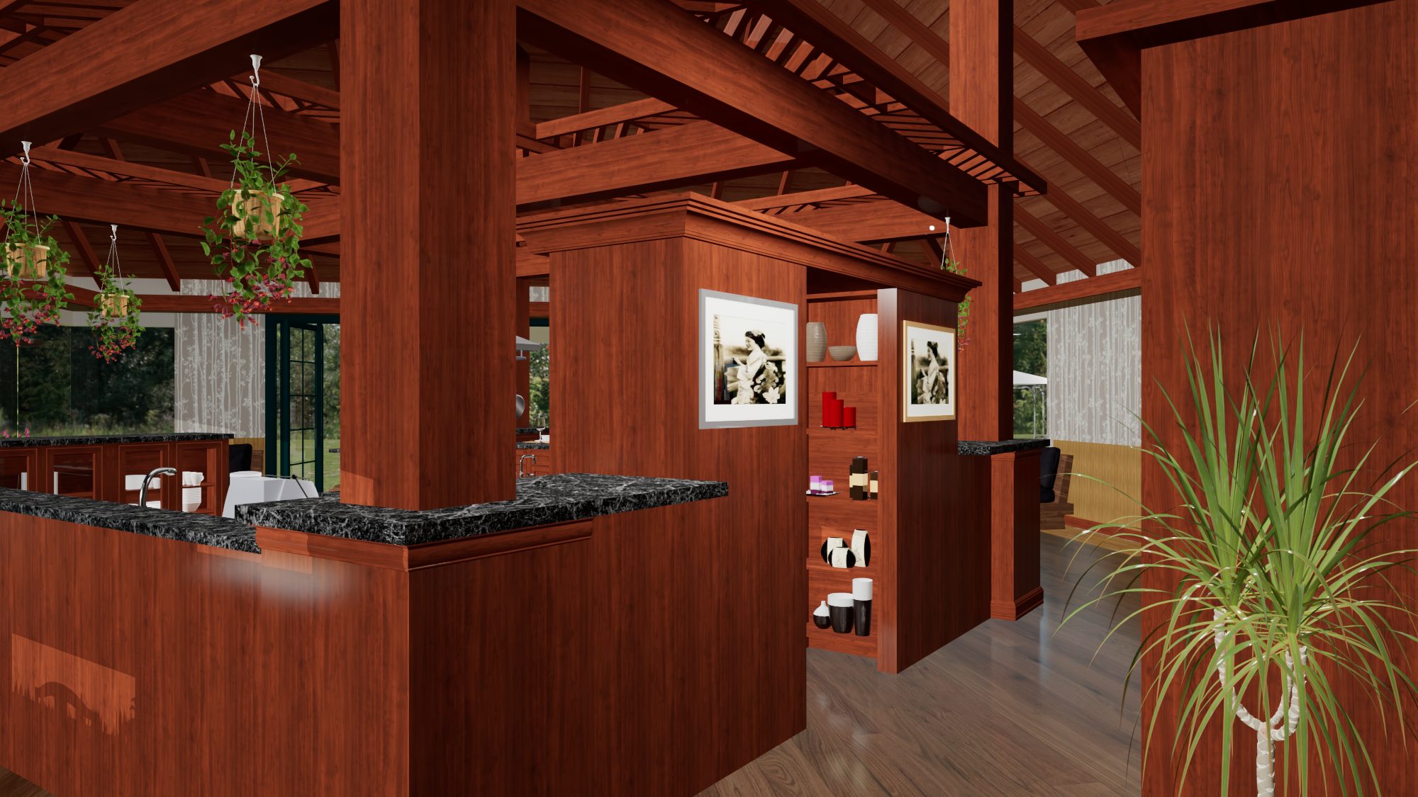 Kitchen toward range and pot rack