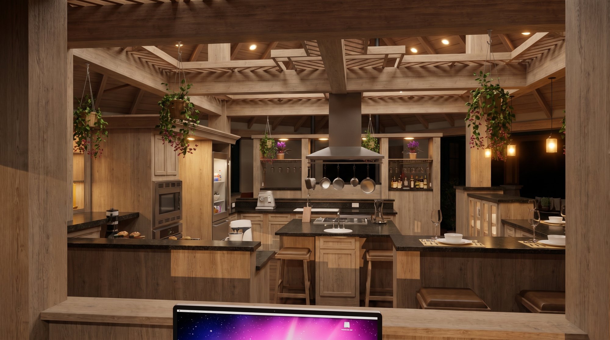 Kitchen at night seen from the office