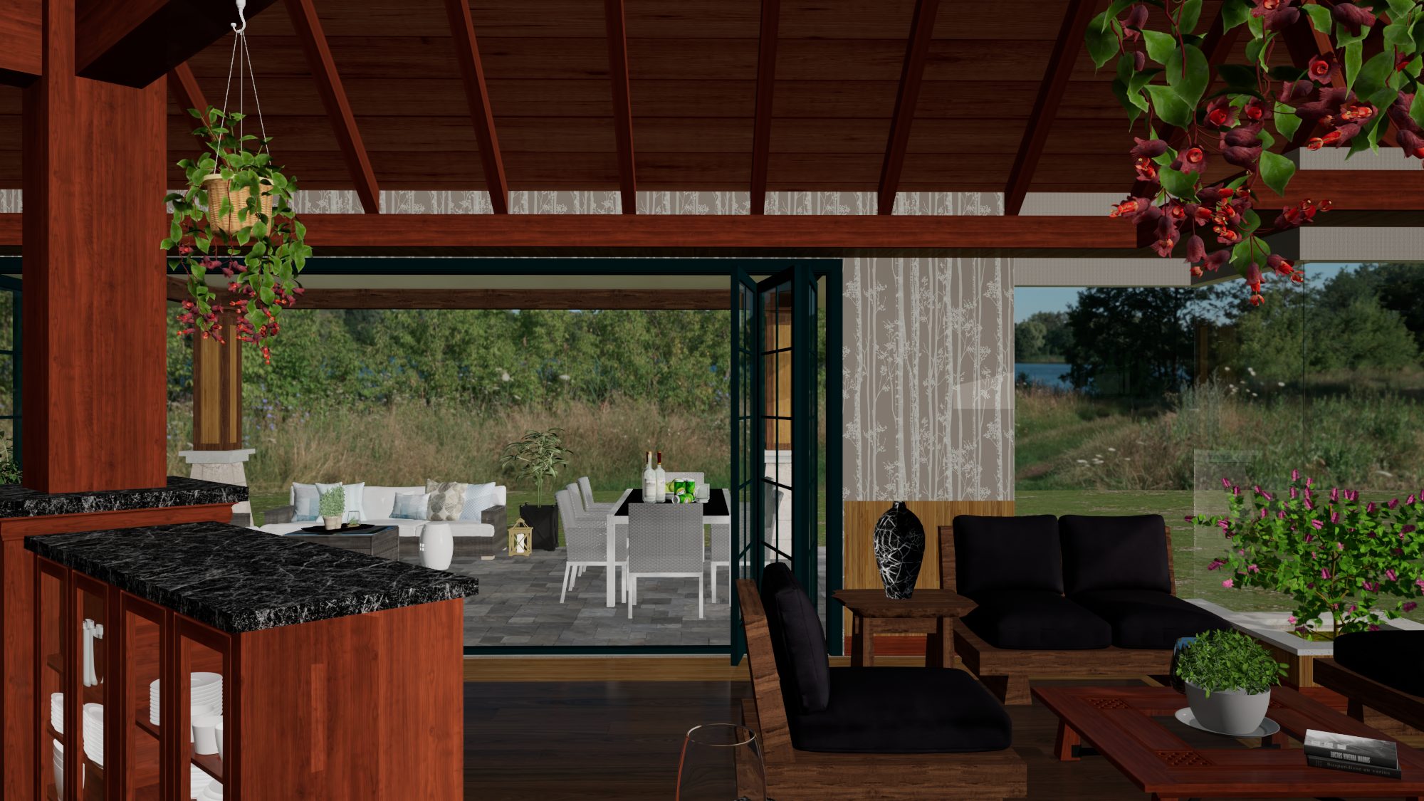 Kitchen opening onto patio