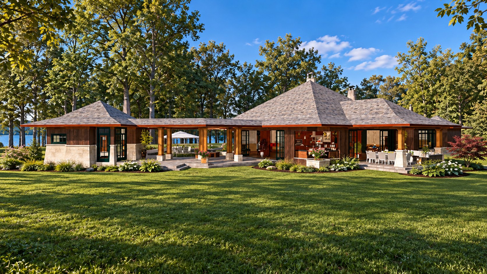 Lakeside elevation across the lawn