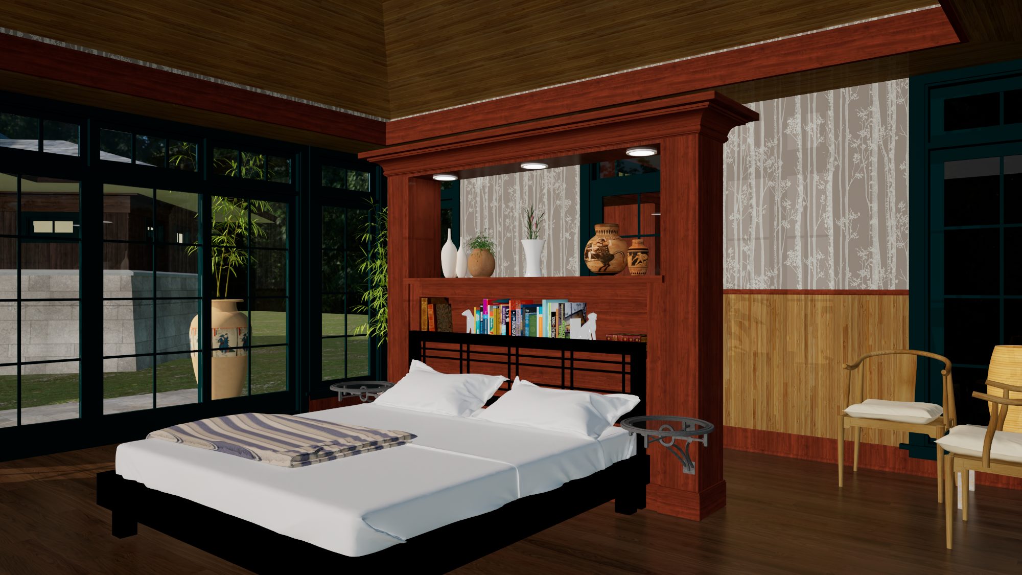 Primary suite with wood stove and lacquered armoire