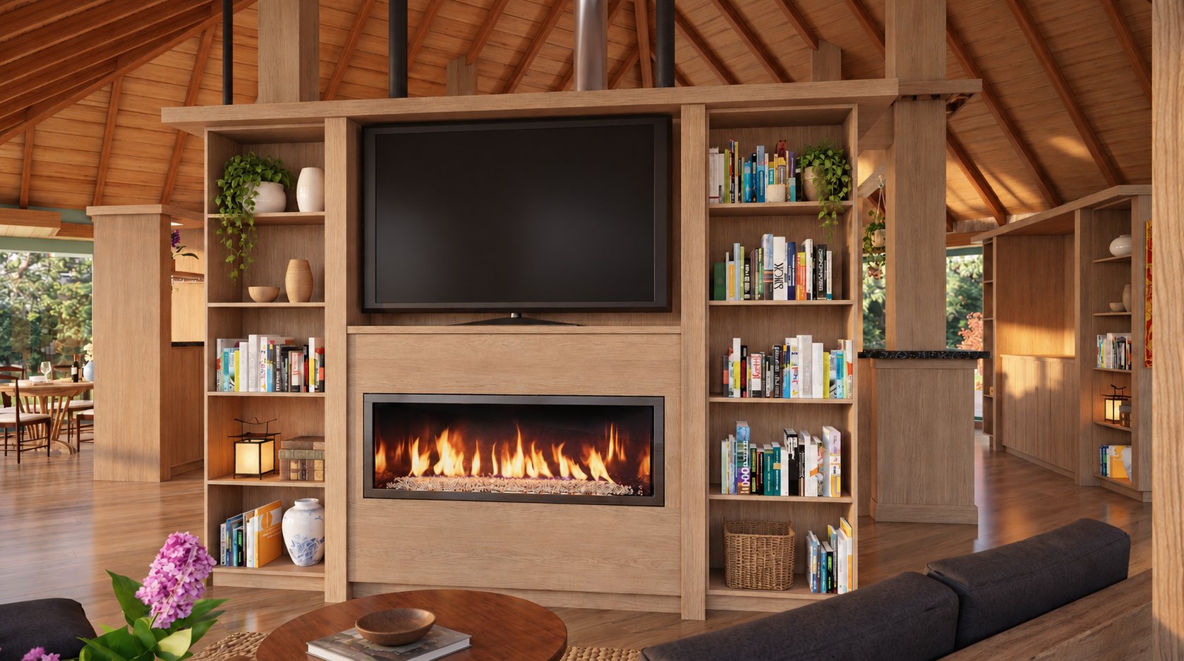 Media wall with linear fireplace