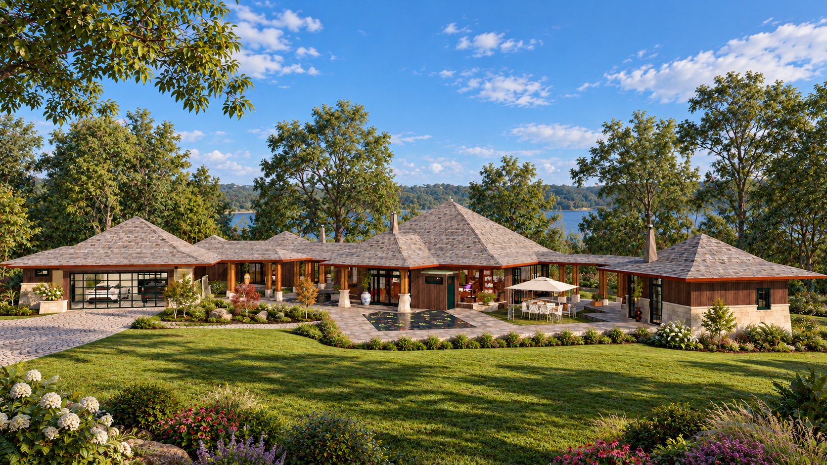 Compound overview with lake beyond