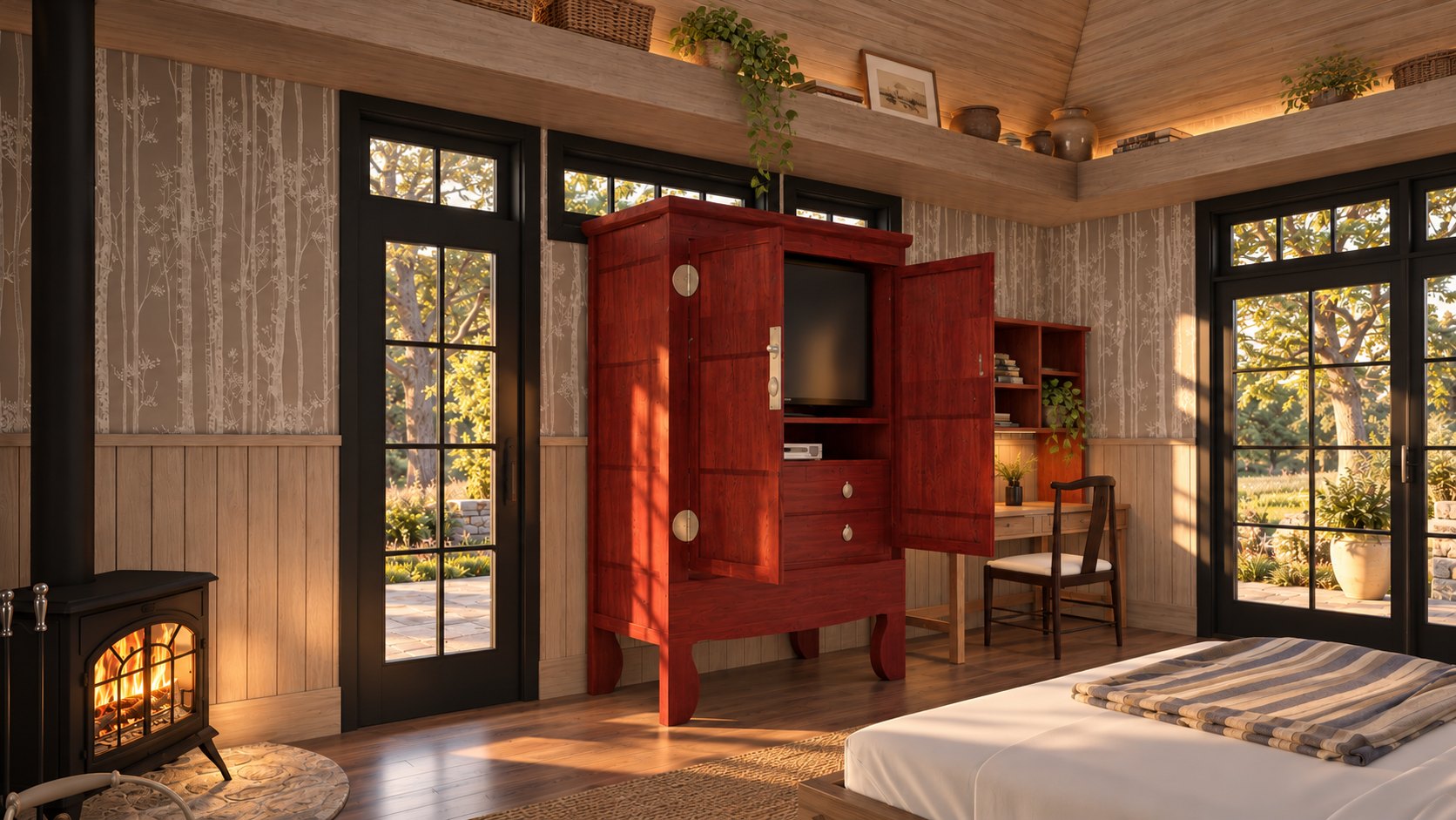 Red lacquer armoire and wood stove