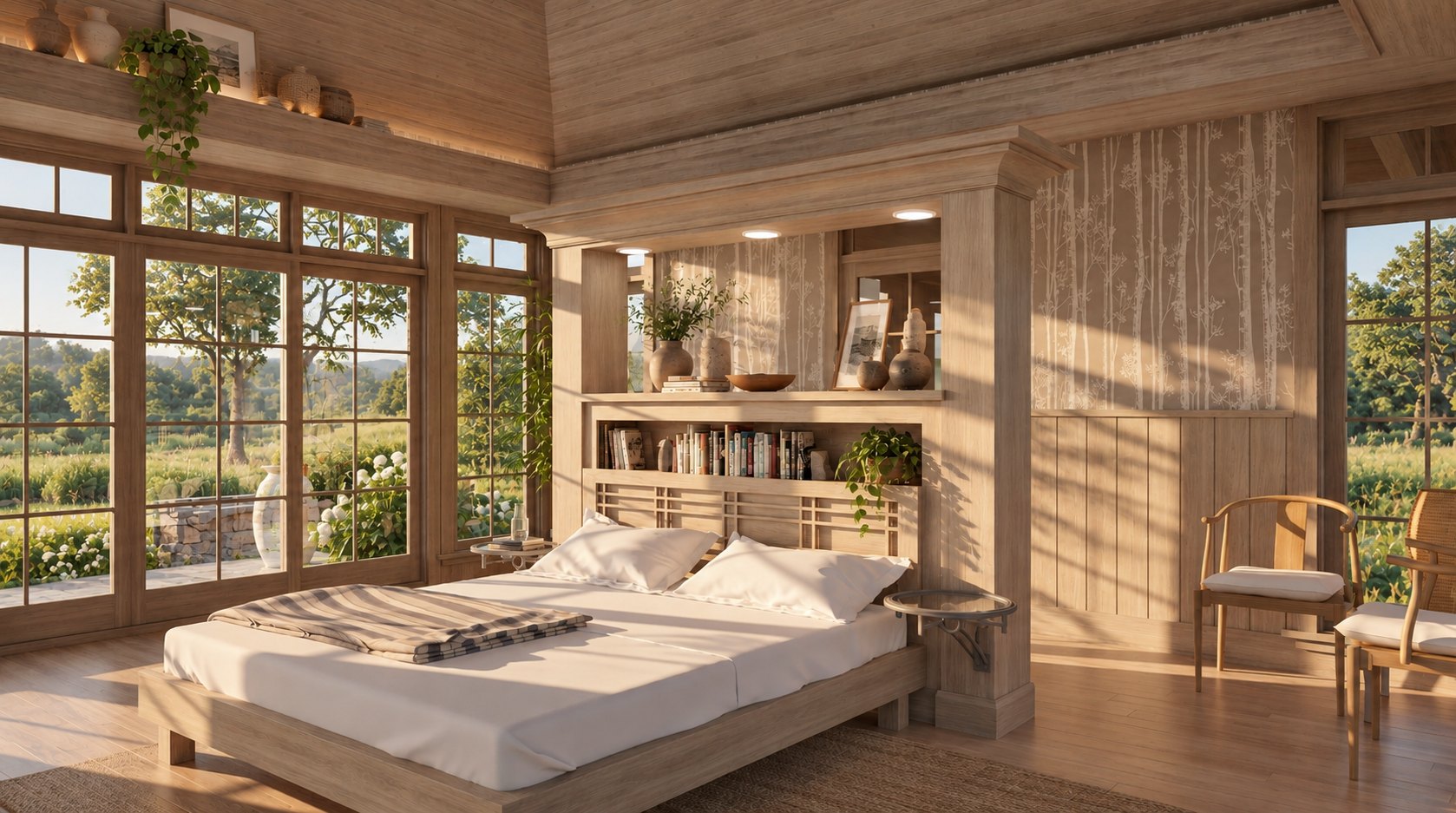 Primary suite bed wall with garden views