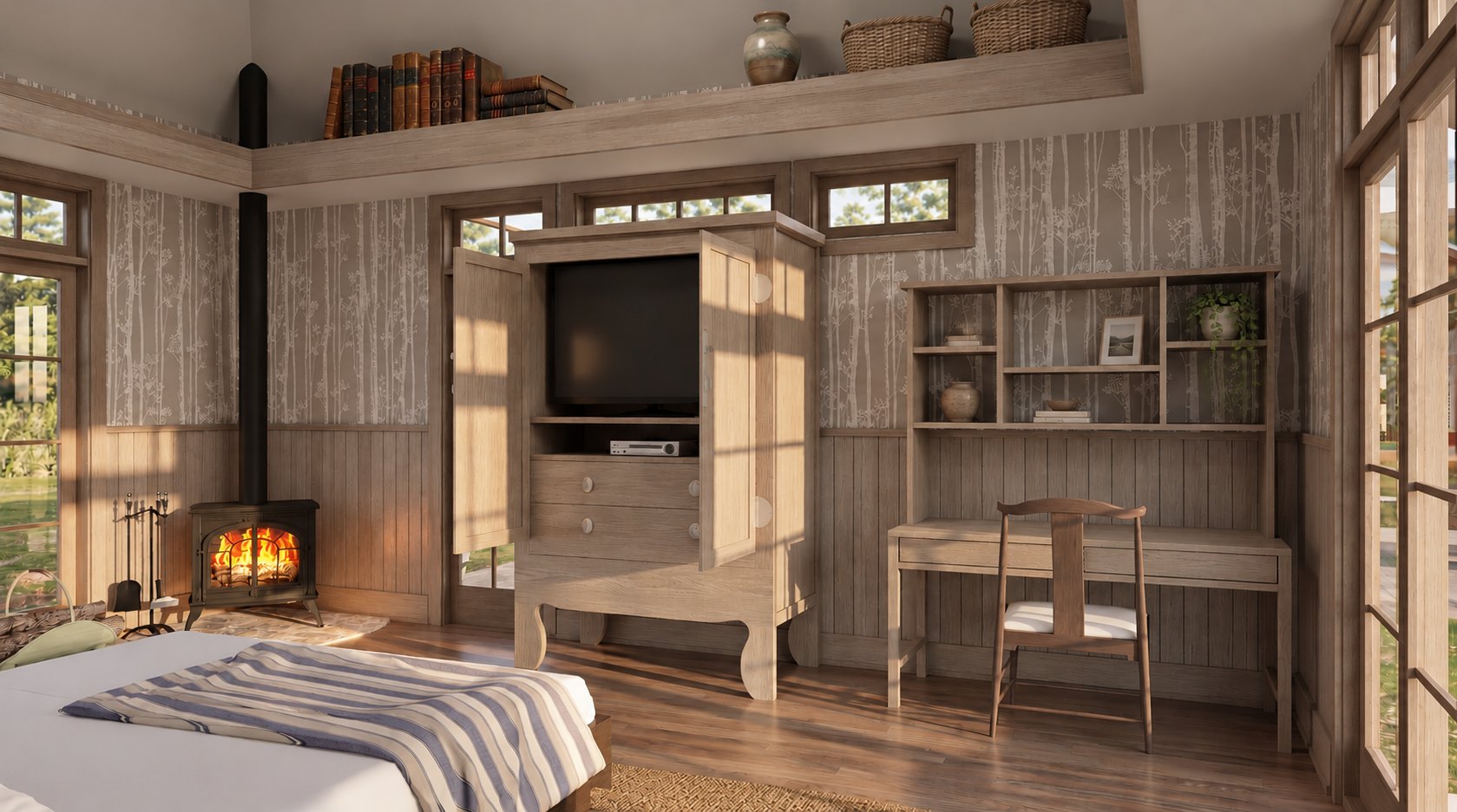 Wood stove, armoire and writing desk