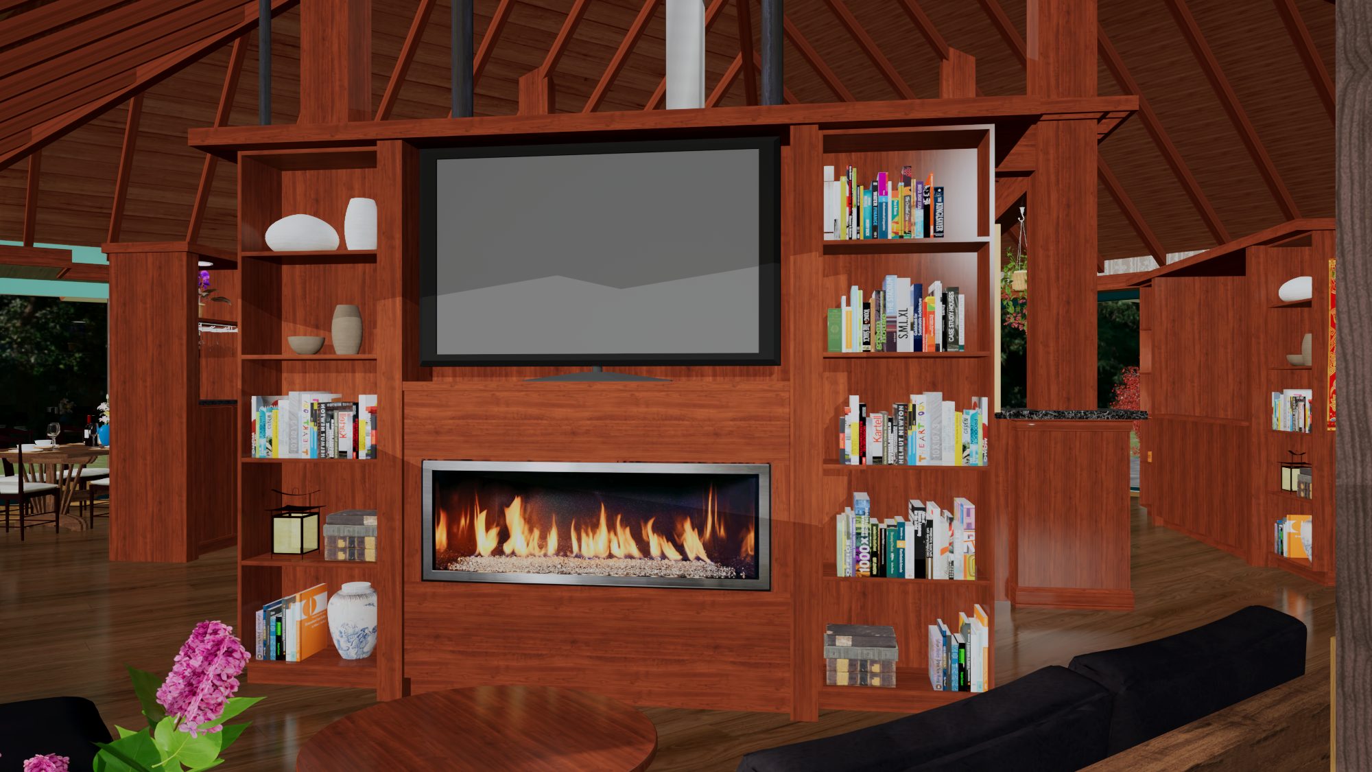 Media wall with linear fireplace