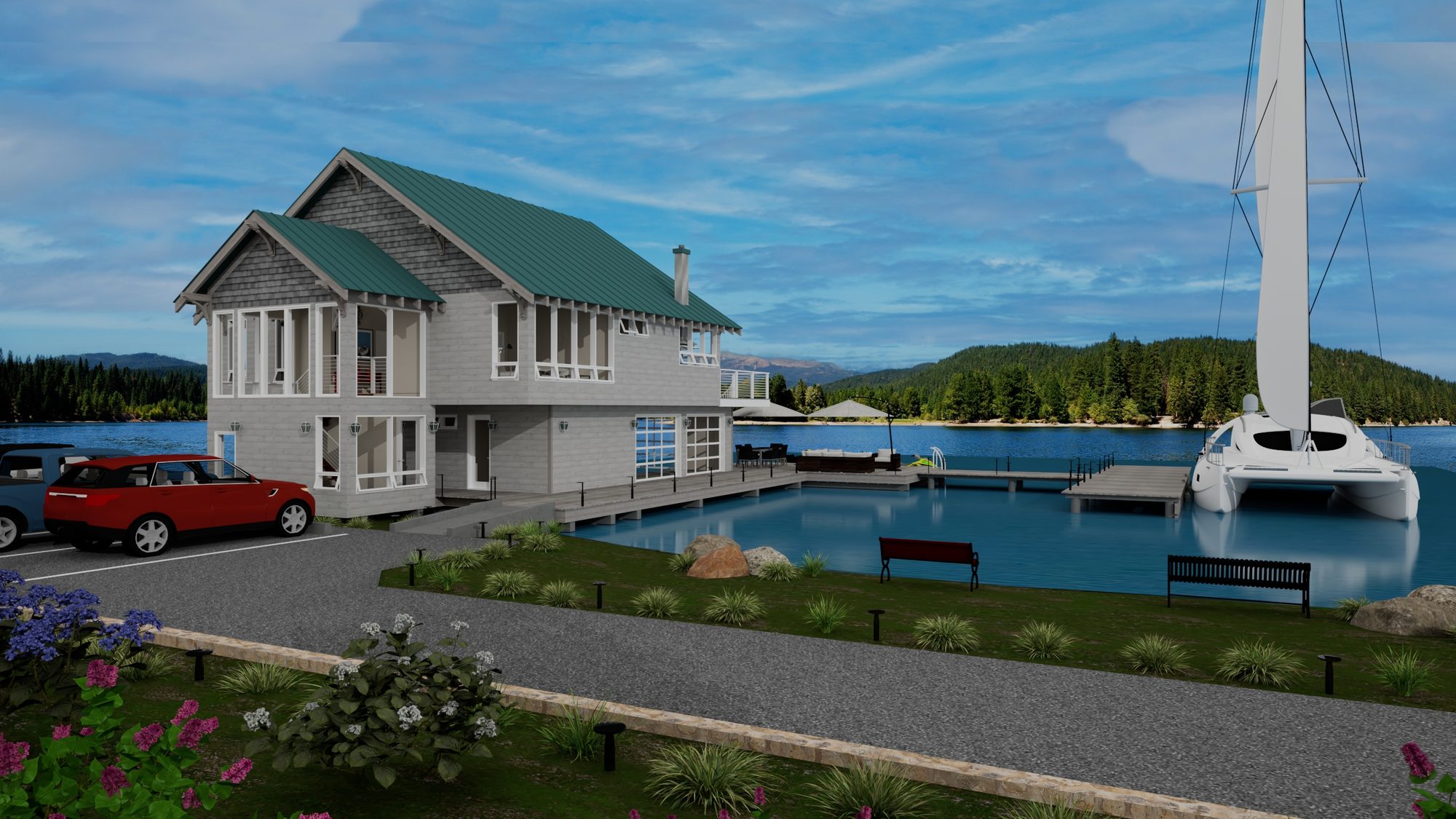 Boathouse — exterior view across the driveway with catamaran at the dock