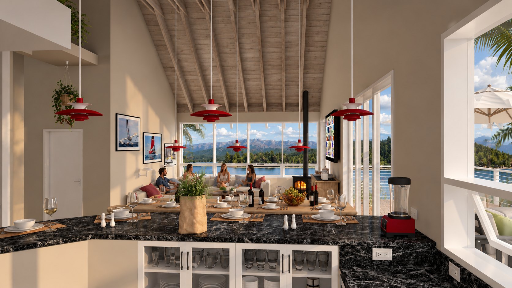 View from the kitchen counter to the living area