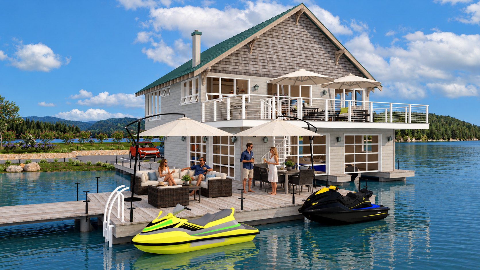 Lower deck with jet skis at the slip