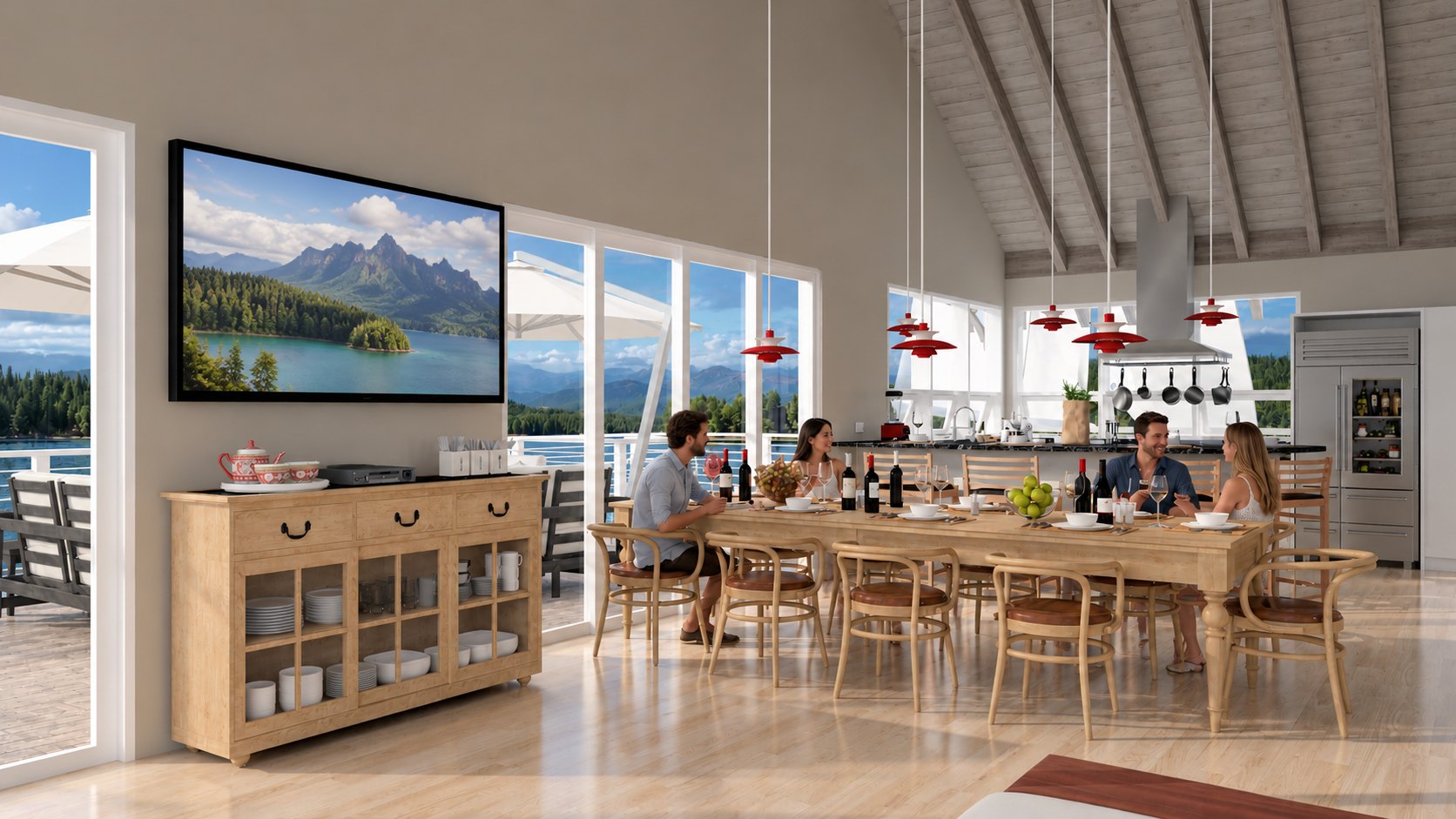 Long dining table with the kitchen beyond