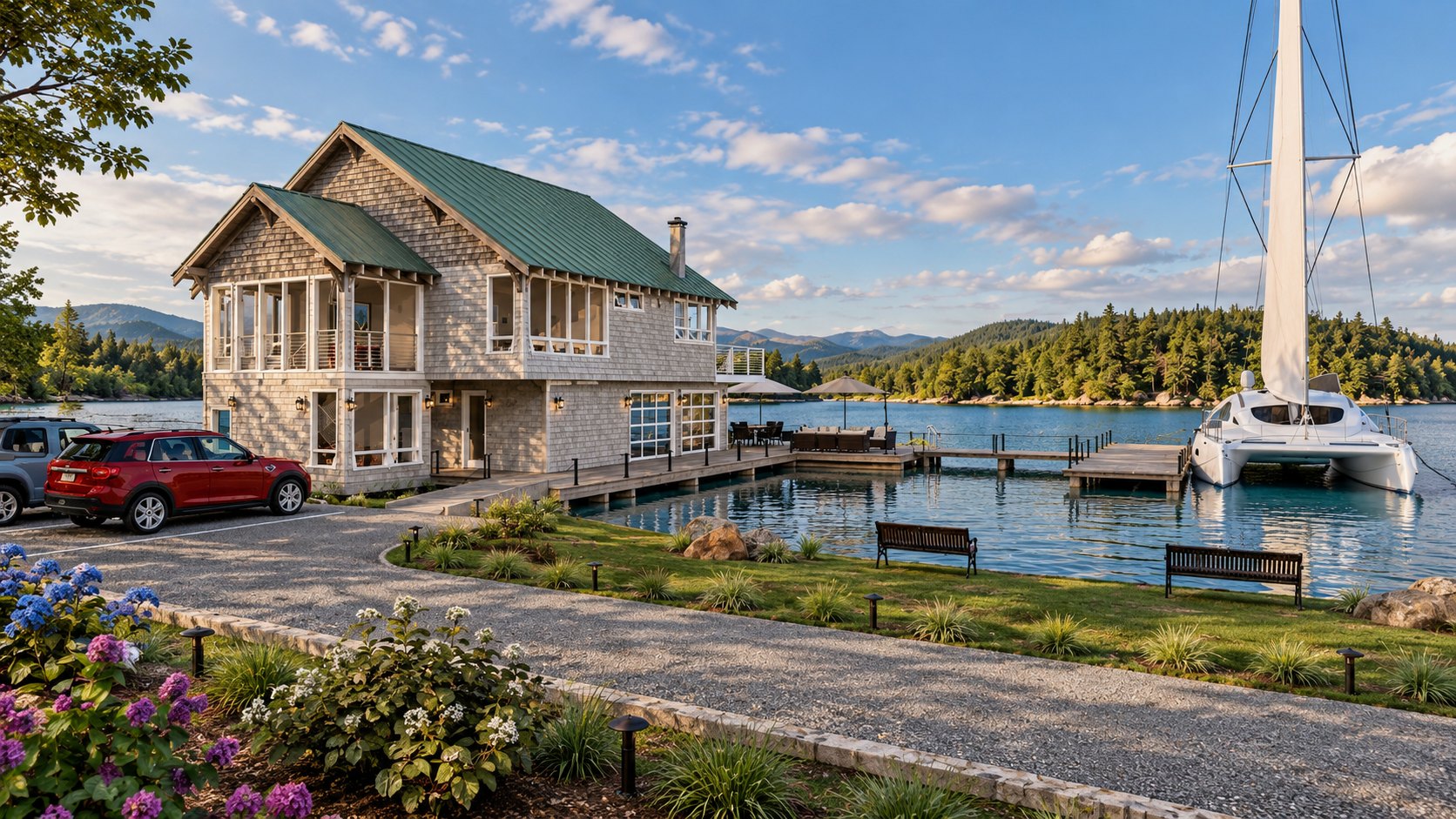 Boathouse — view across the driveway with the catamaran at the dock