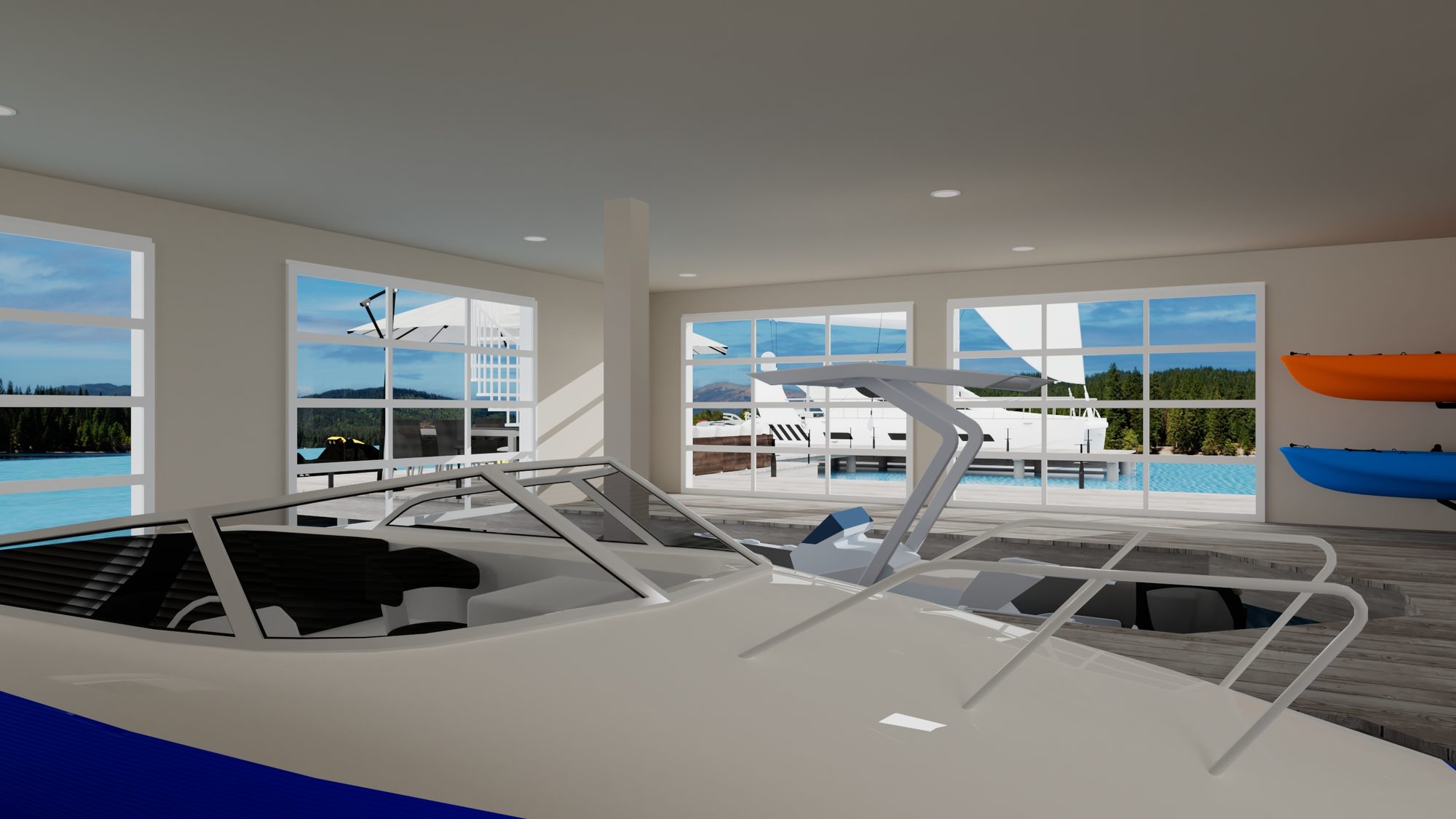 Ground-floor boat garage interior