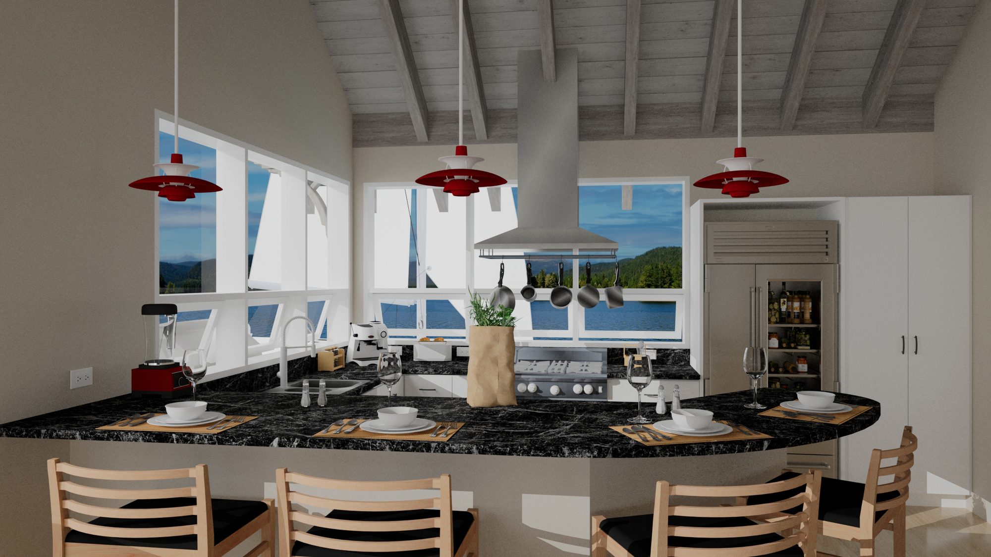 Kitchen island viewed from dining