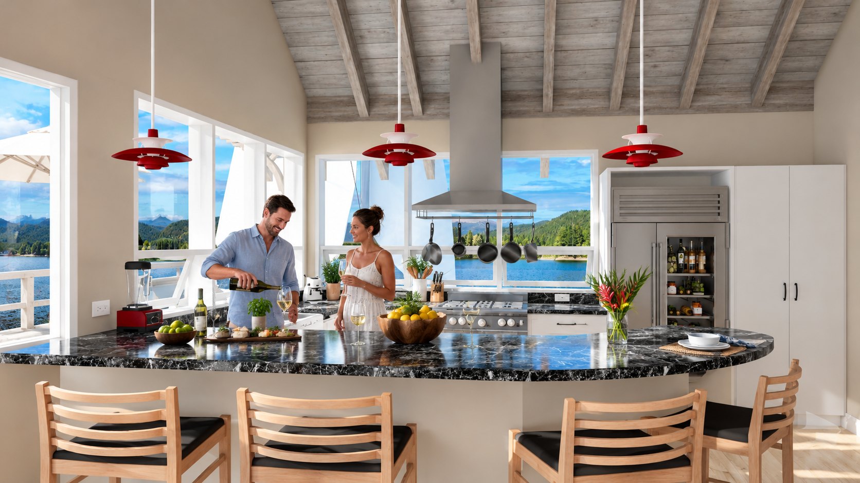 Kitchen island under the vaulted ceiling