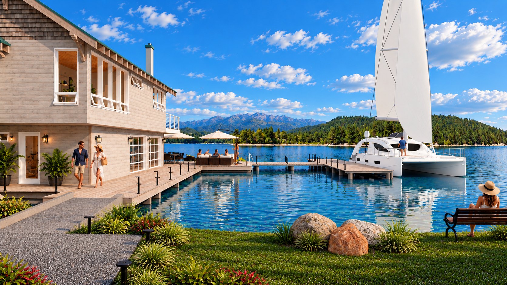Lakefront lawn with catamaran at the dock