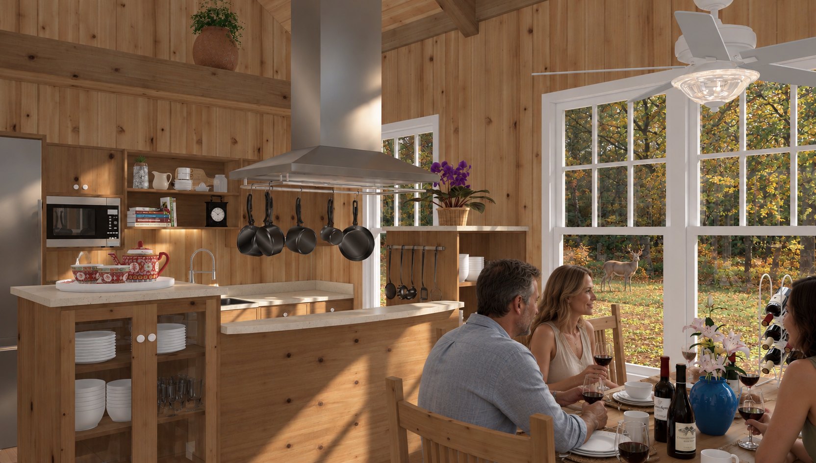 Dining table by the window with deer outside