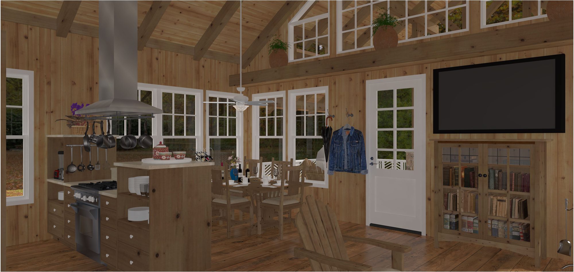 Dining table under vaulted ceiling