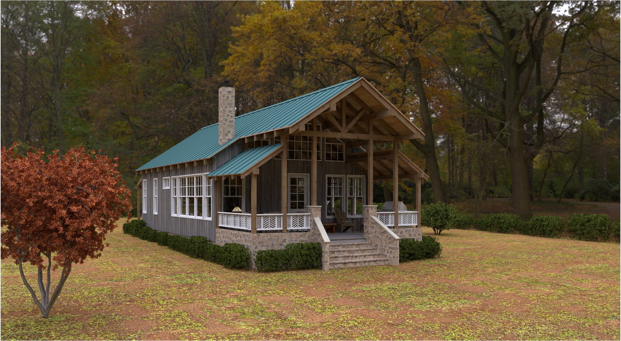 Cabin — front exterior with stone chimney and porch