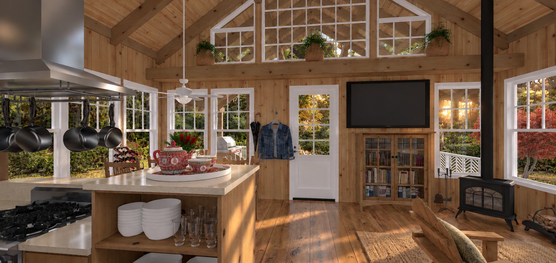 Great room with wood stove and gable windows