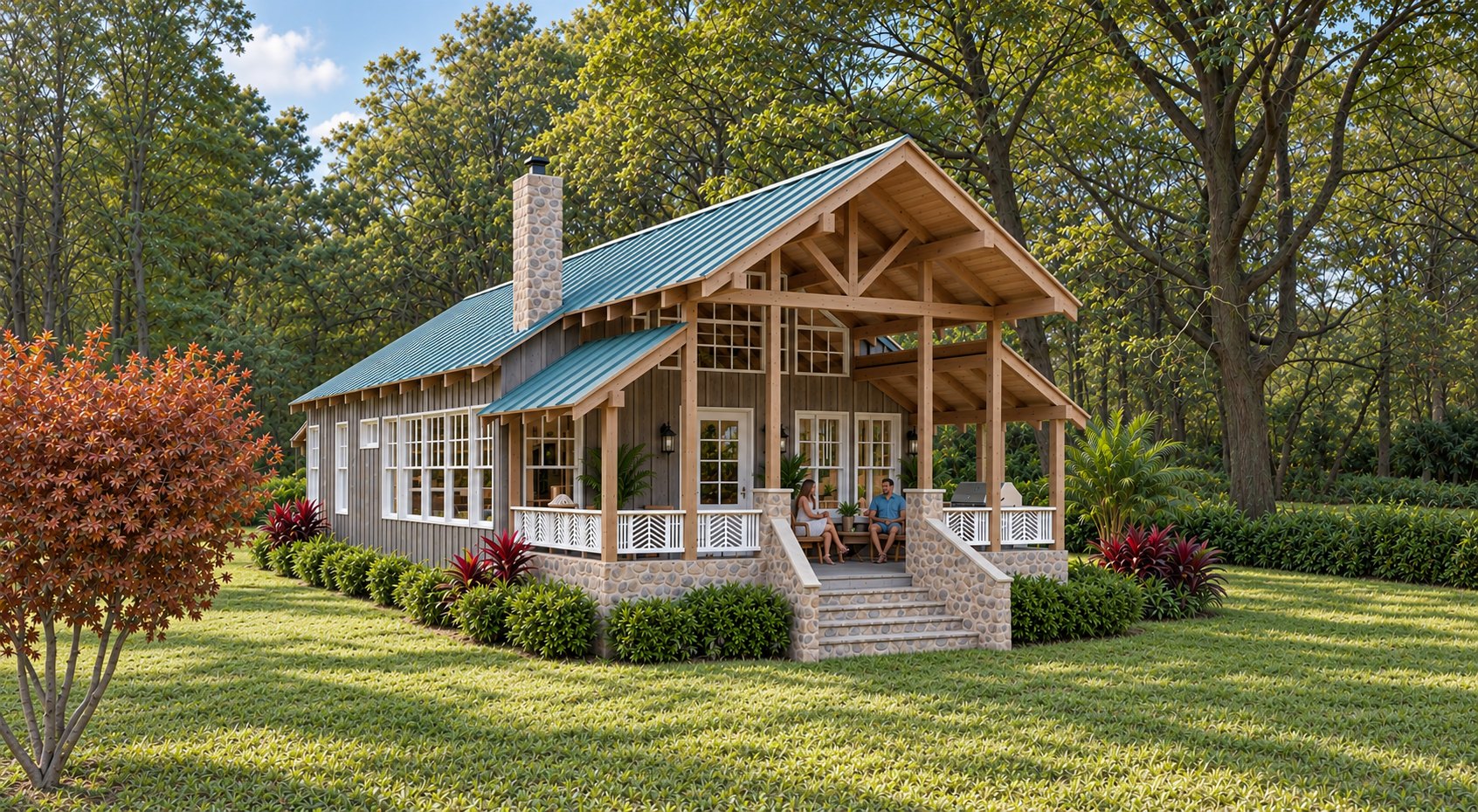 Cabin — timber-framed porch on a fieldstone base