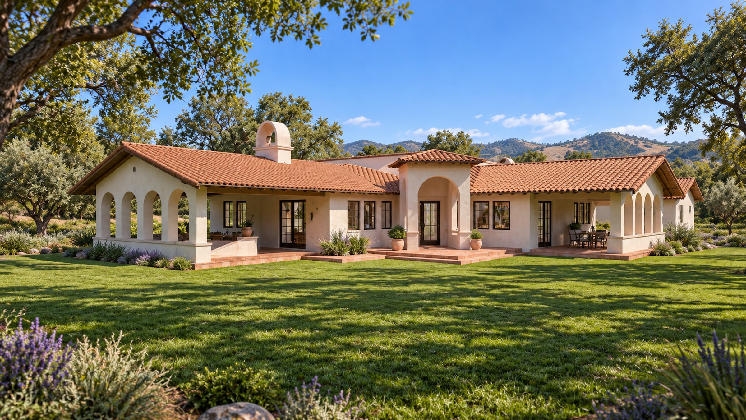 Casa de los Arcos — Mission-style house with an arched loggia and red tile roofs among the oaks