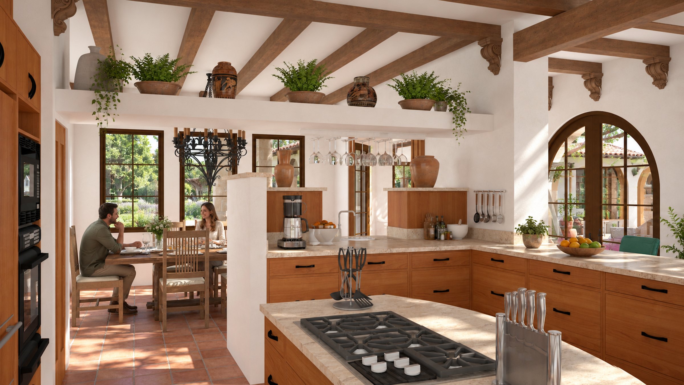 Casa de los Arcos kitchen toward dining
