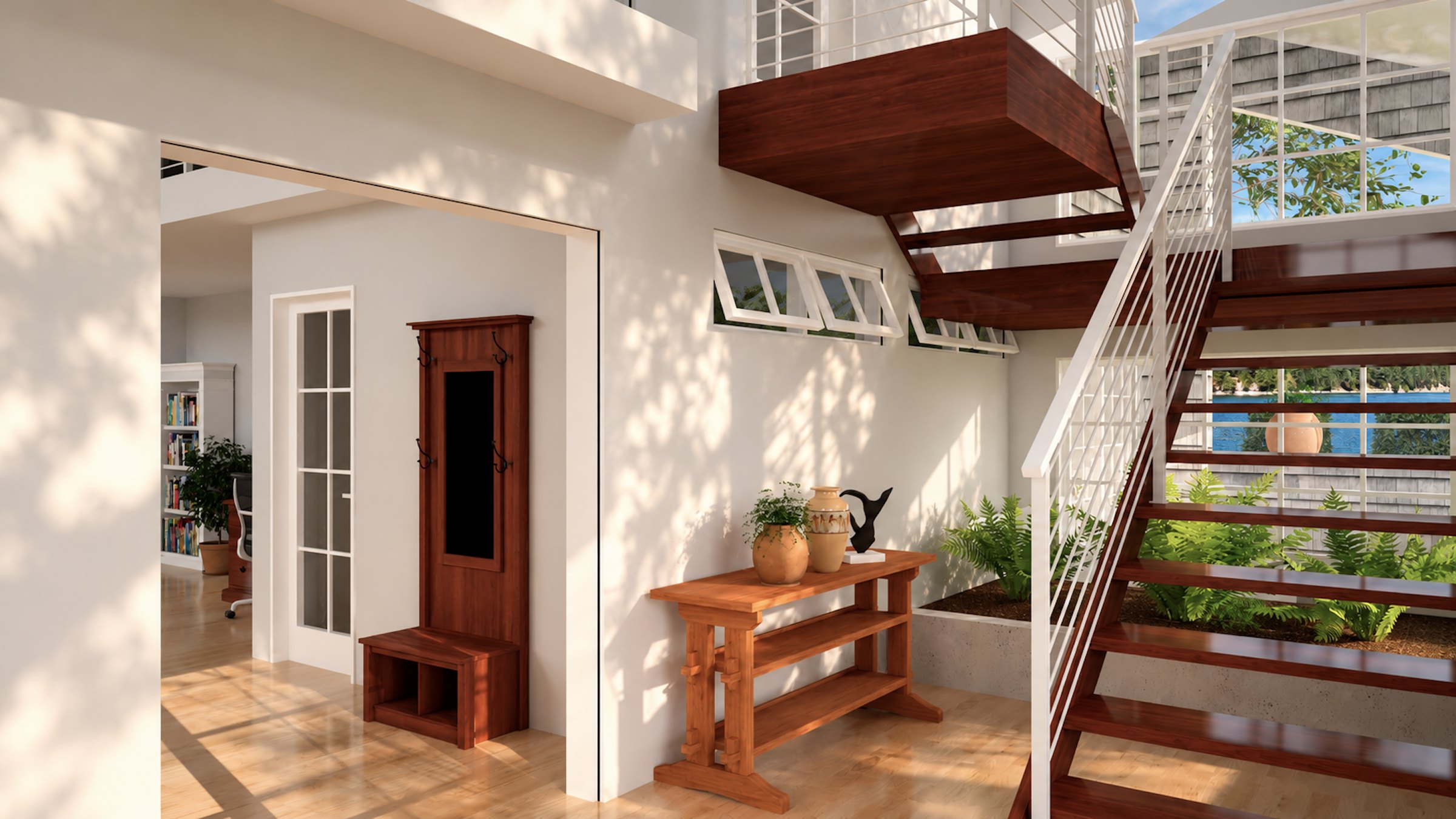 Cedar Barn entry foyer and floating stair