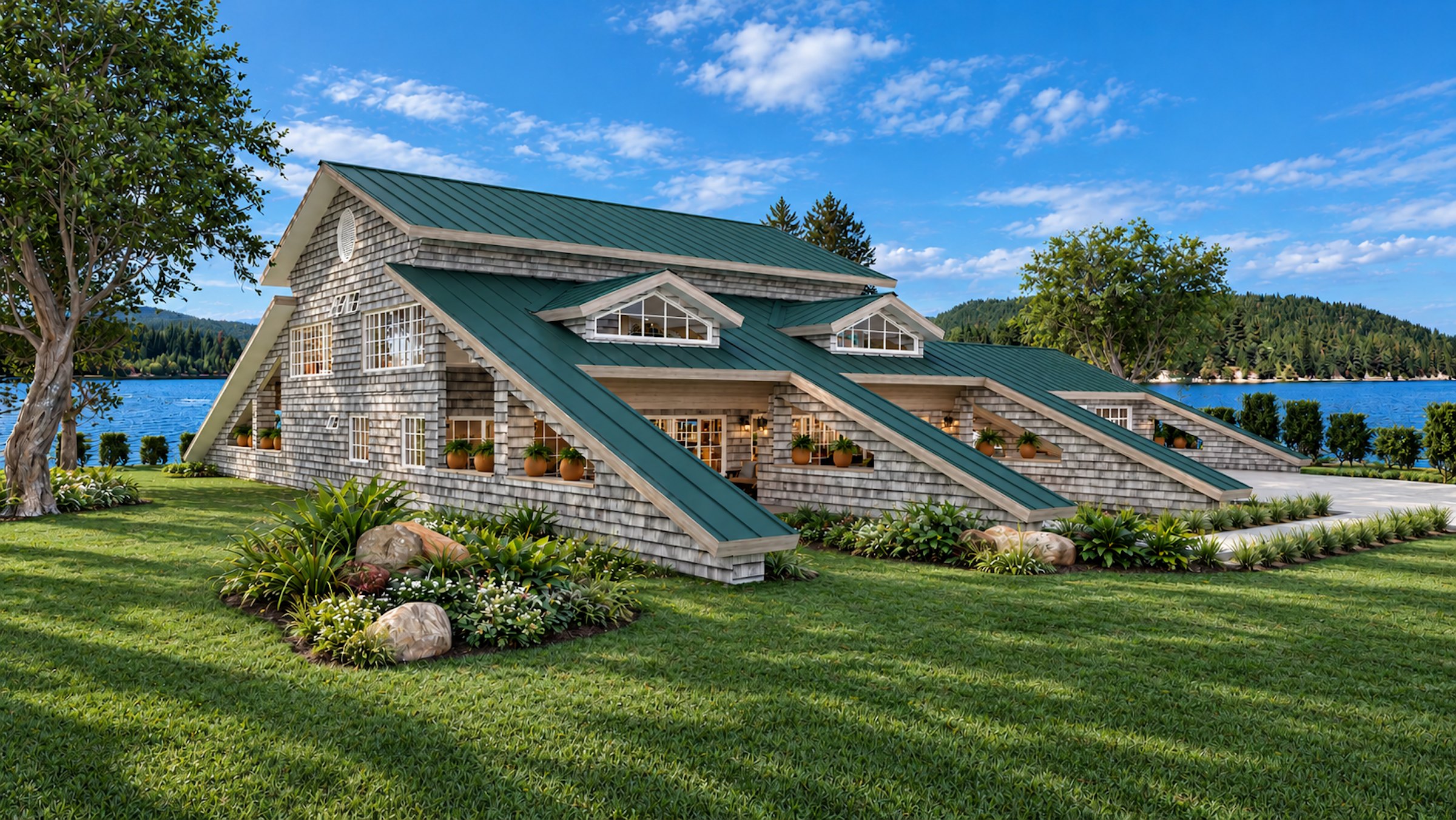 Cedar Barn — long green roofs sweeping over cedar-shingle walls by a mountain lake