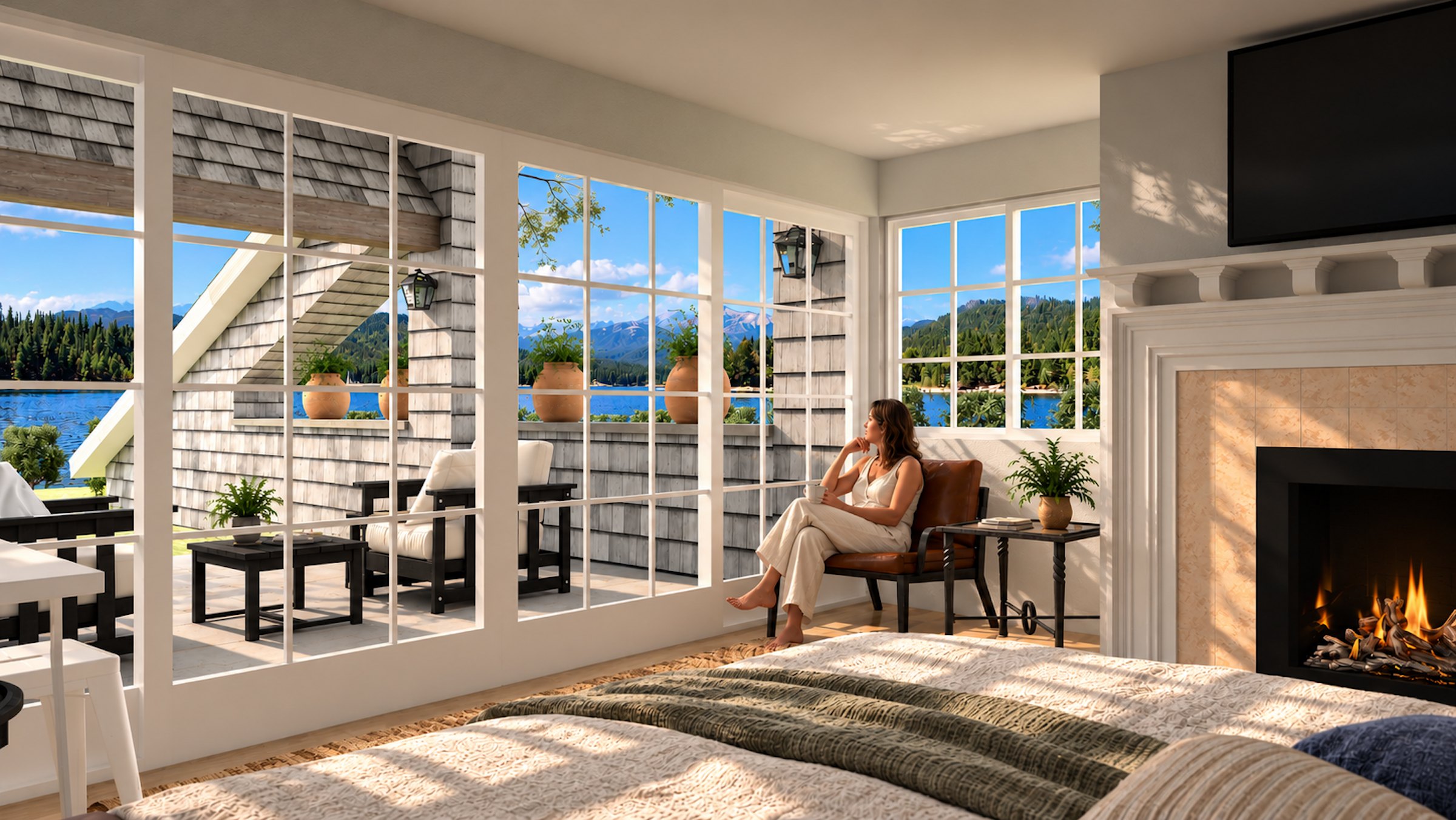Cedar Barn primary suite with fireplace and terrace