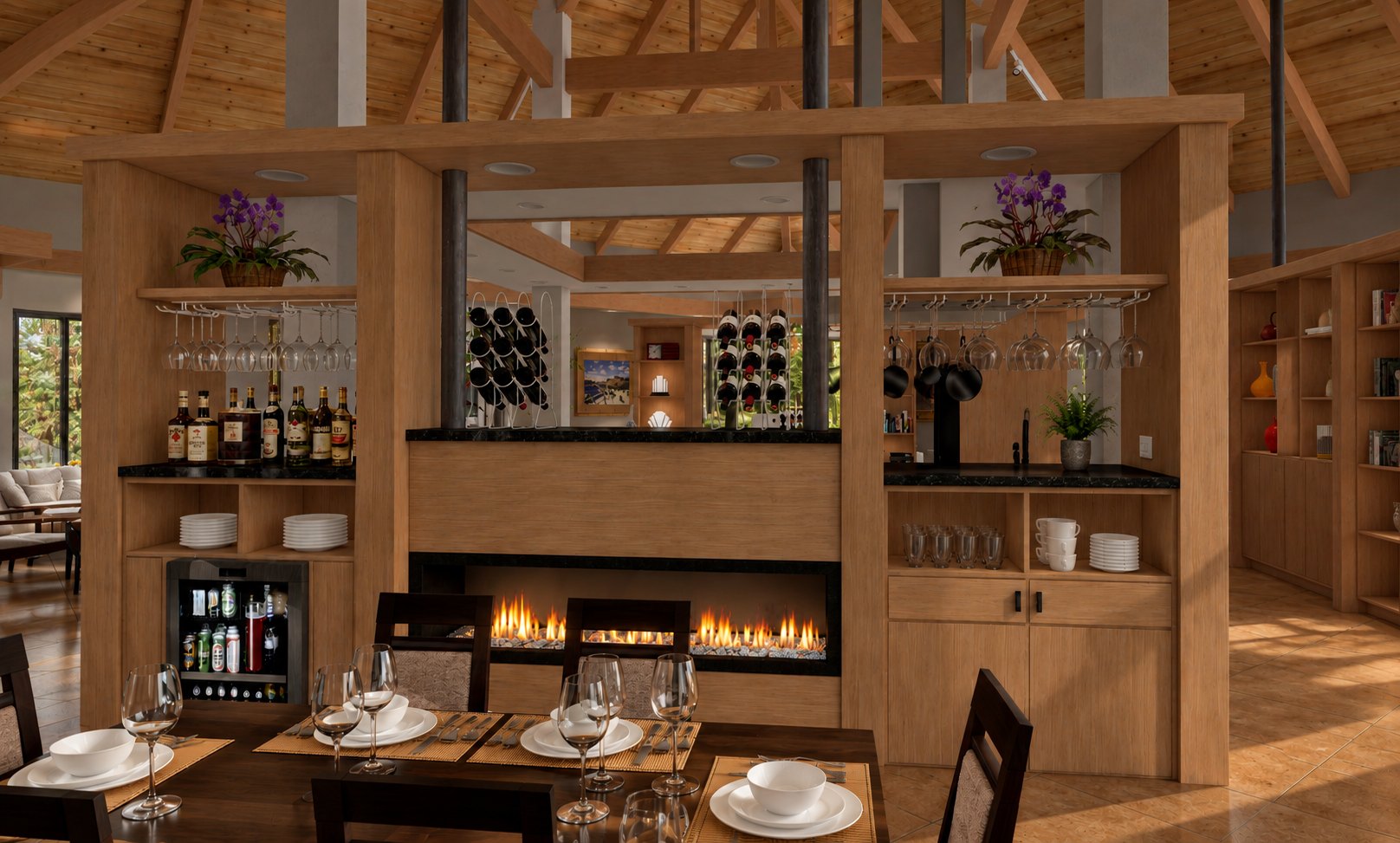 Dining table beside the bar and fireplace