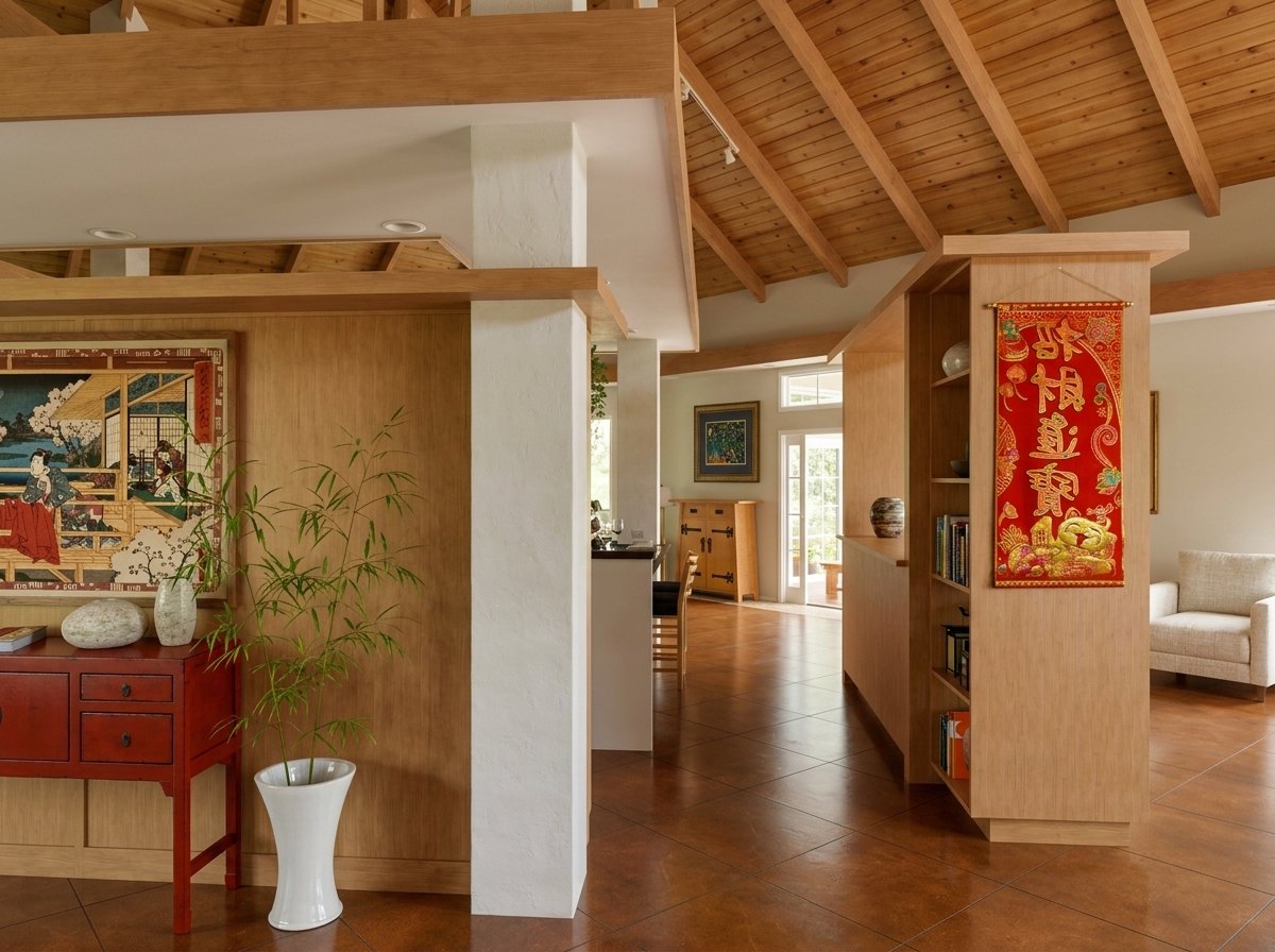 Entry gallery with woodblock print