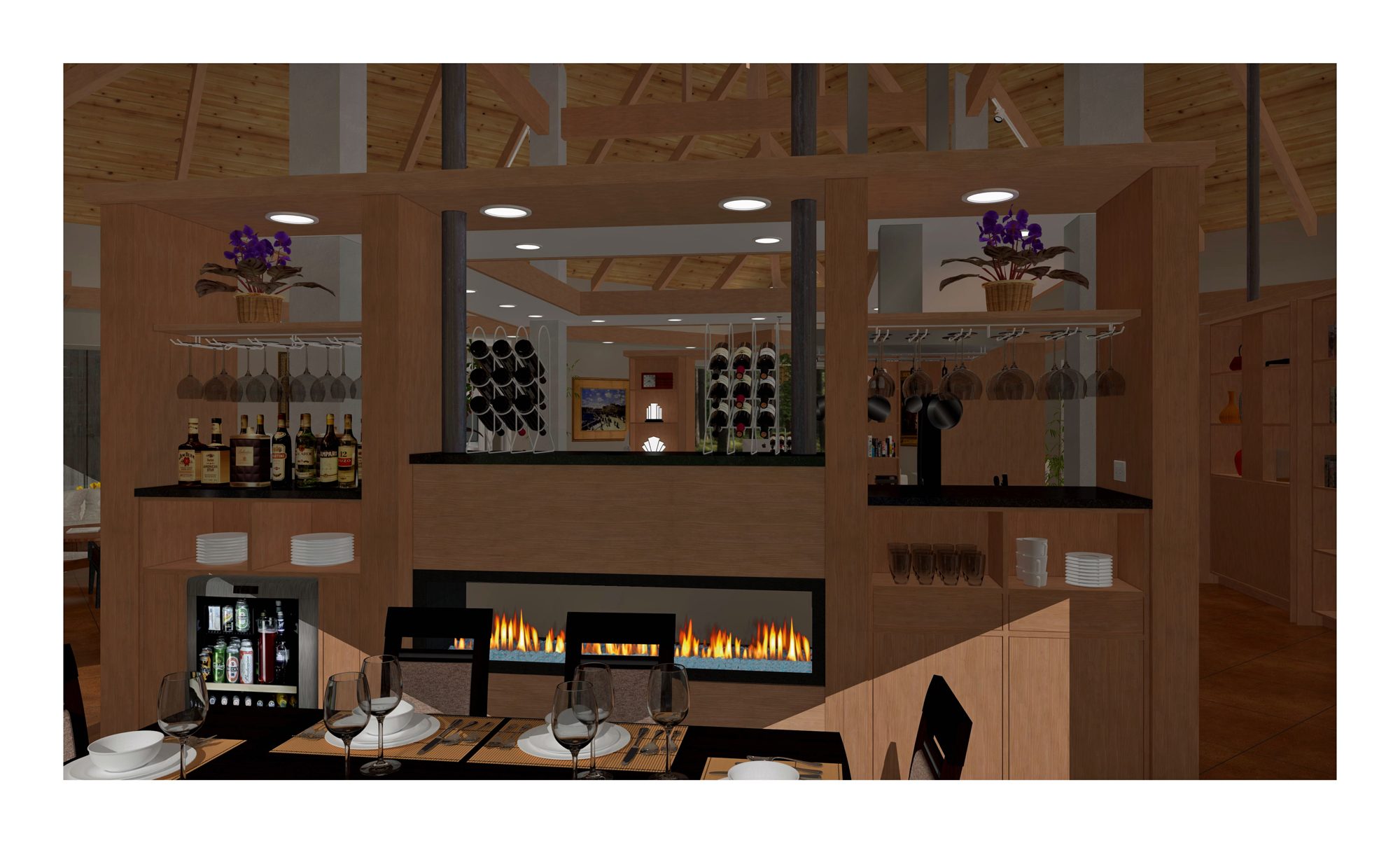 Dining table beside bar and fireplace