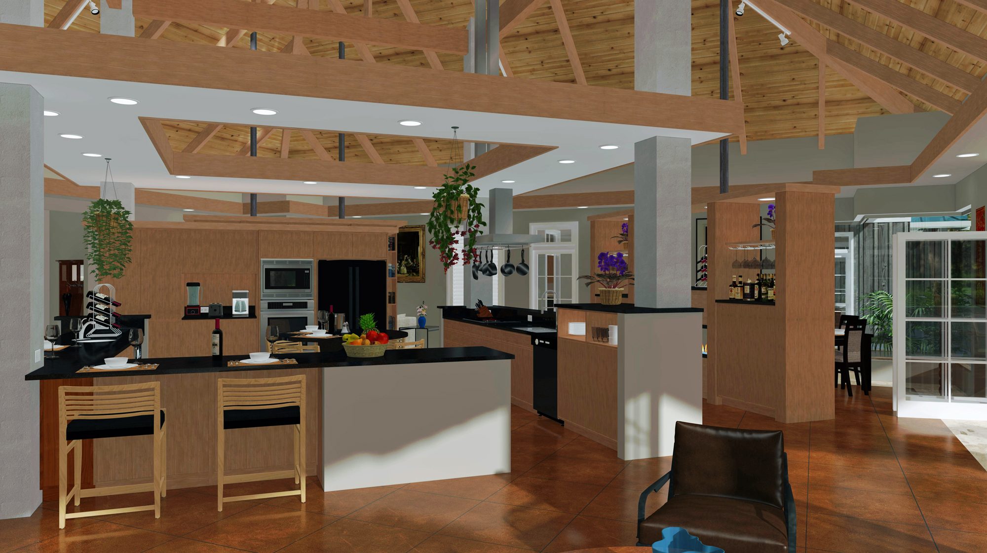 Kitchen island opening to living room