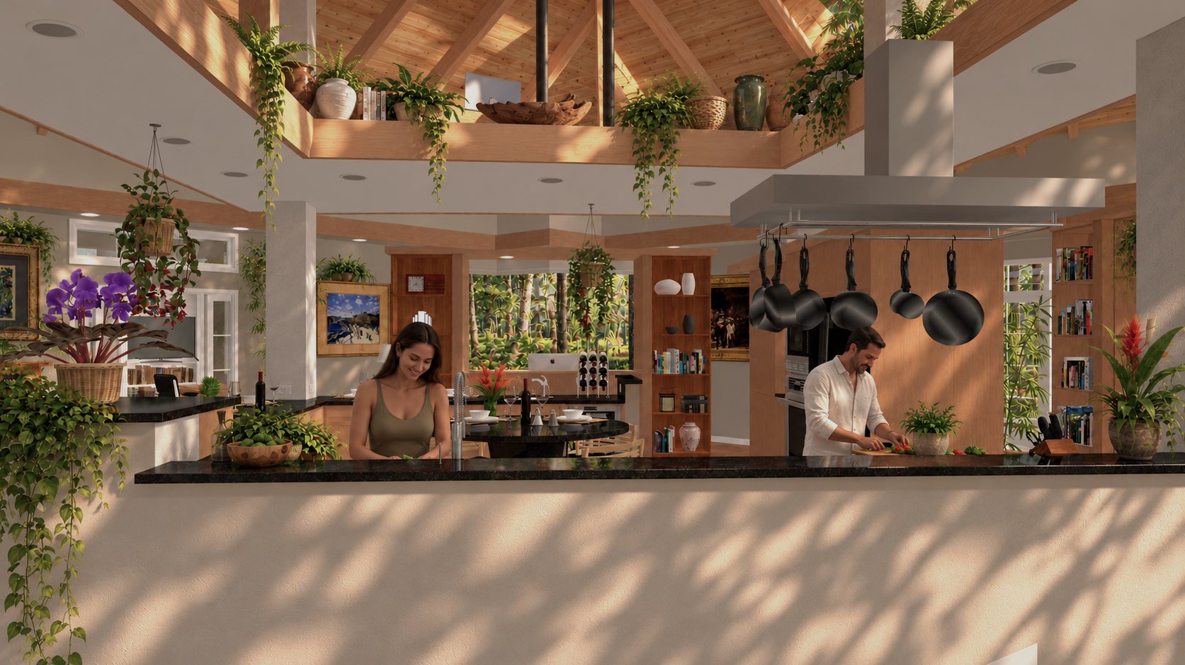 Kitchen seen through the pass-through counter