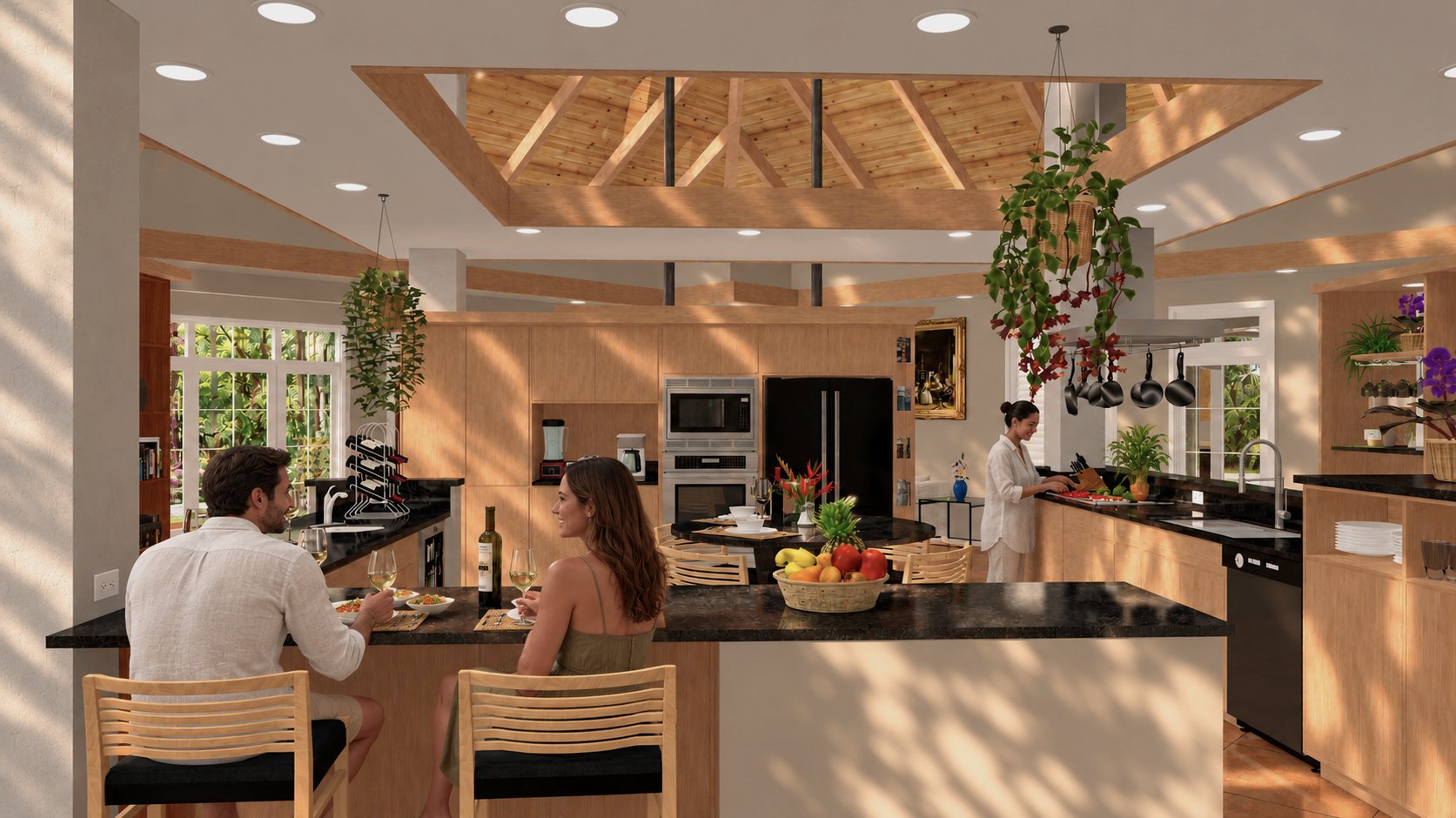 Kitchen beneath the pyramid ceiling