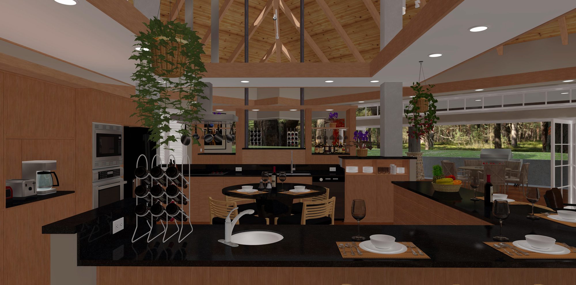 Kitchen toward bar and wine storage